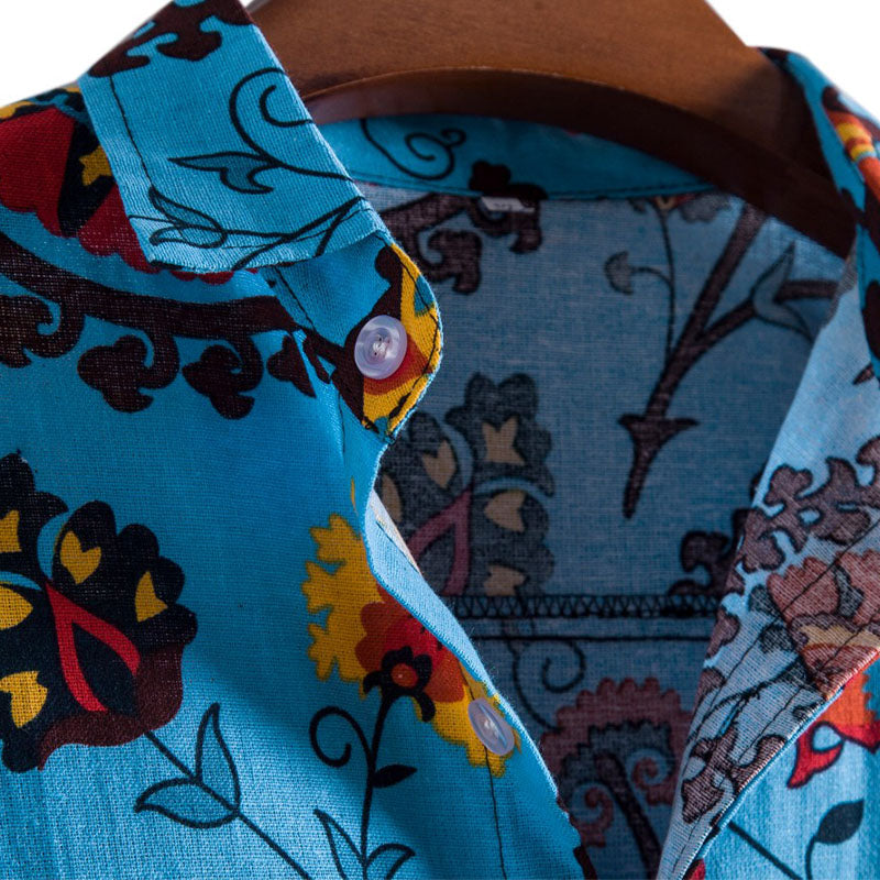Cotton And Linen Printed Pocket Button-down Shirt