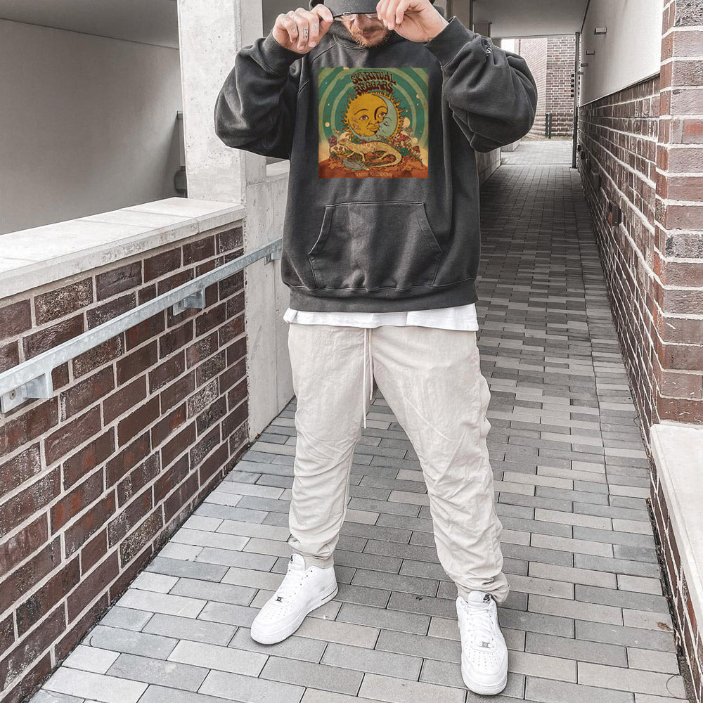 Sun & Moon Cartoon Graphic Print Men's Black Oversize Fleece Hoodie