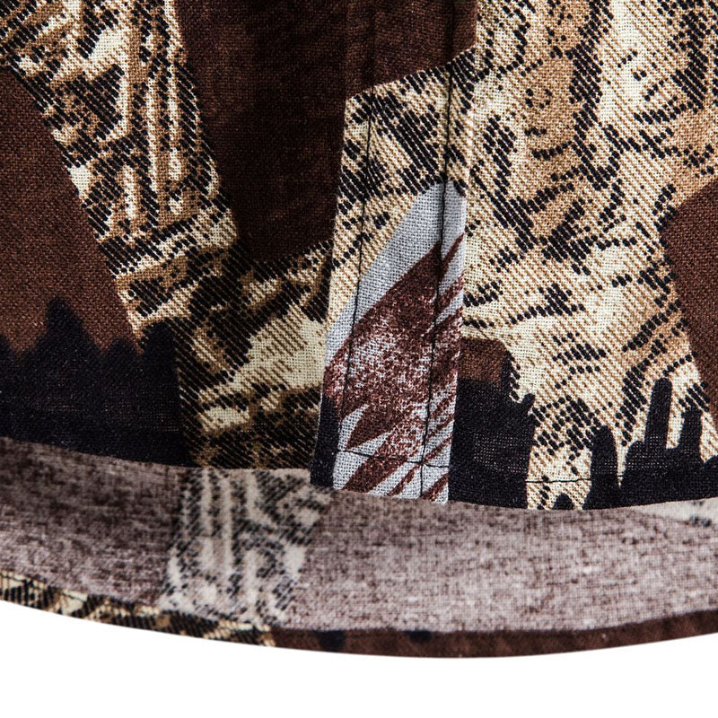 Cotton And Linen Printed Pocket Button-down Shirt