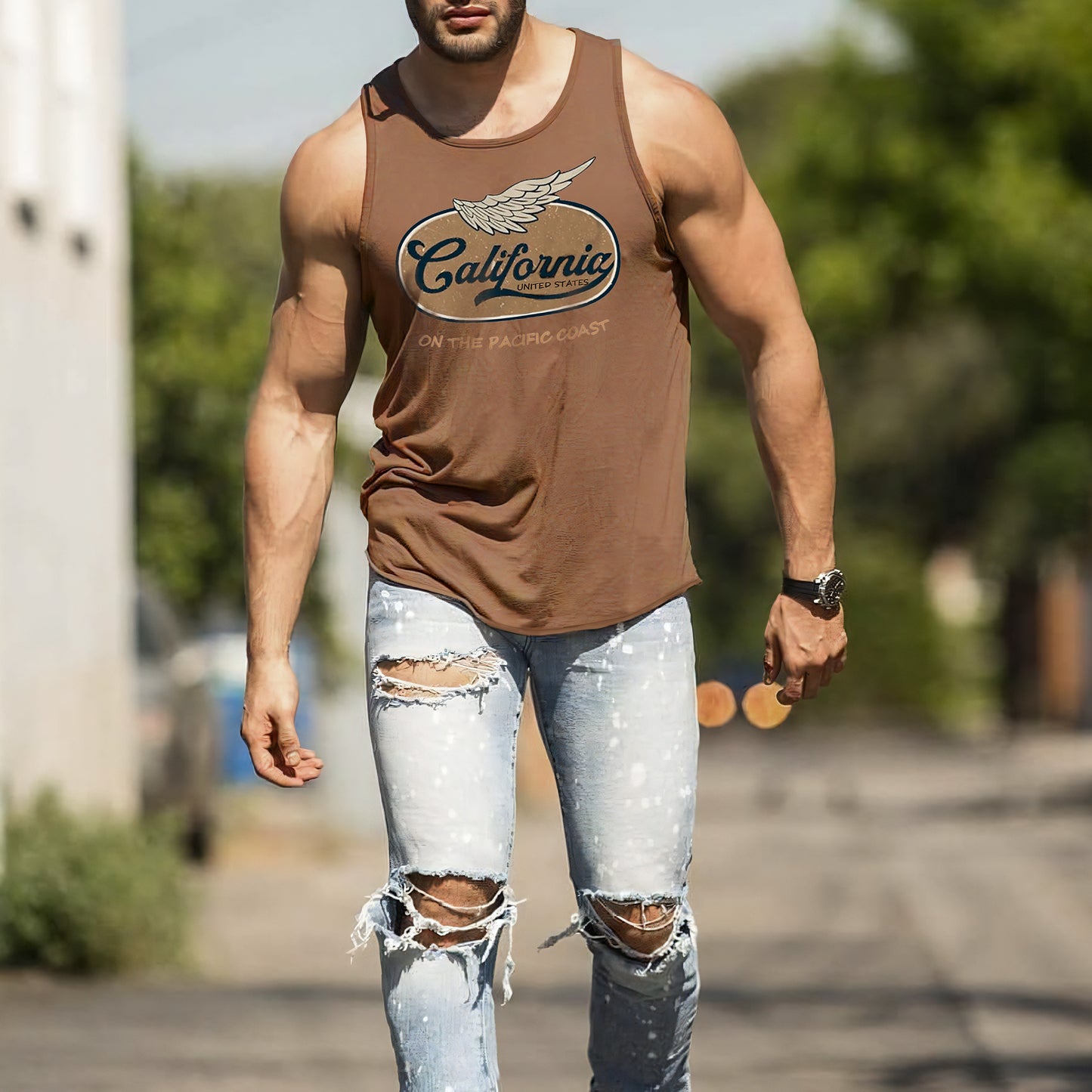 California Graphic Print Men's Crew Neck Tank Top