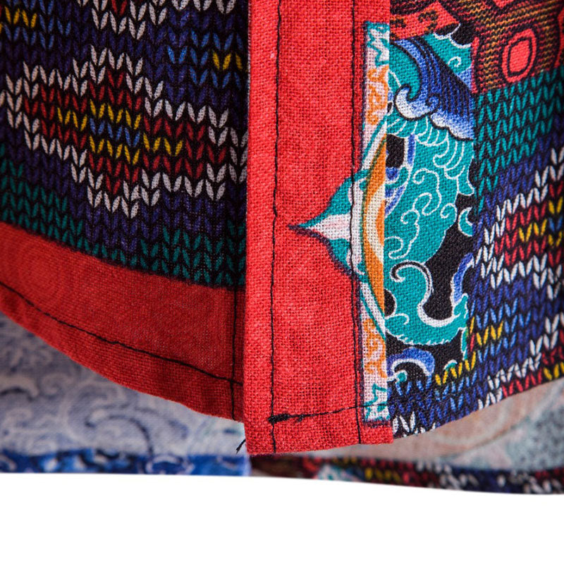 Cotton And Linen Printed Pocket Button-down Shirt