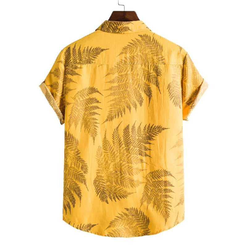 Cotton And Linen Printed Pocket Button-down Shirt
