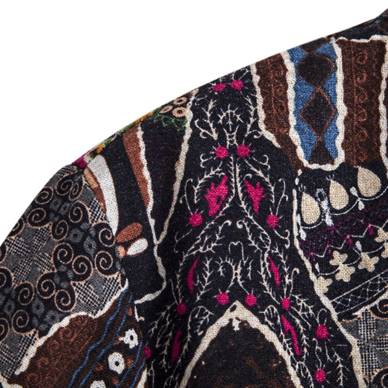 Cotton And Linen Printed Pocket Button-down Shirt