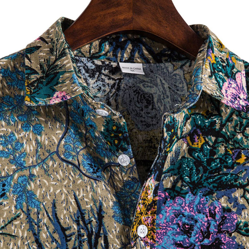 Cotton And Linen Printed Pocket Button-down Shirt