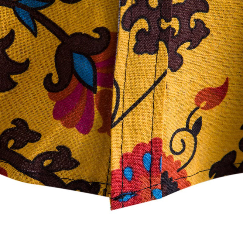 Cotton And Linen Printed Pocket Button-down Shirt