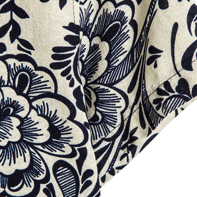 Cotton And Linen Printed Pocket Button-down Shirt