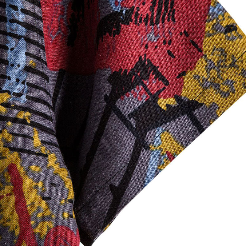 Cotton And Linen Printed Pocket Button-down Shirt
