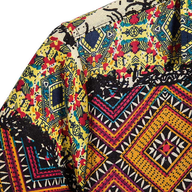 Cotton And Linen Printed Pocket Button-down Shirt
