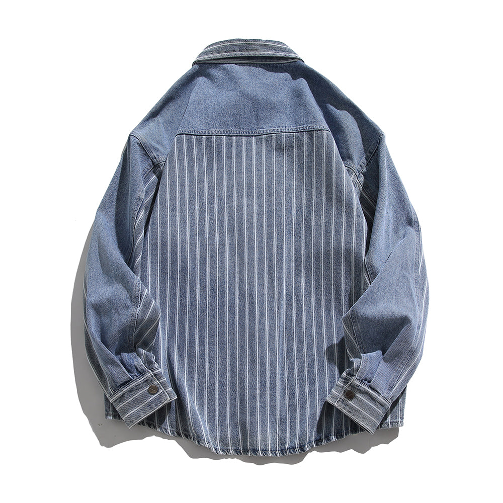 Men's Stitching Striped Button Up Denim Shirts with Pocket