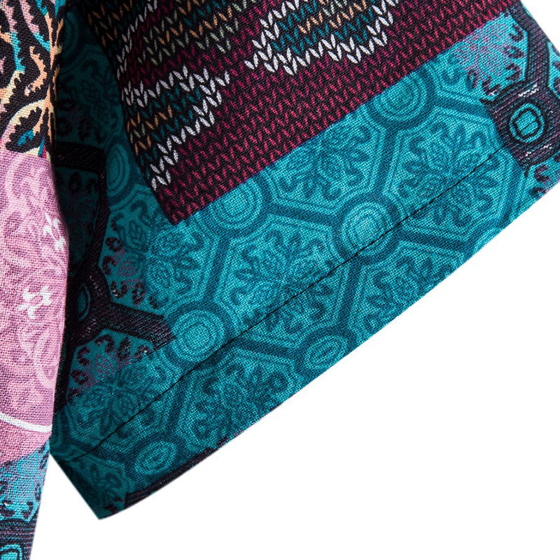 Cotton And Linen Printed Pocket Button-down Shirt