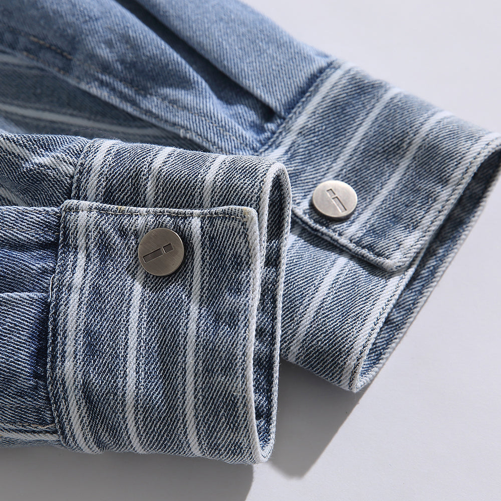 Men's Stitching Striped Button Up Denim Shirts with Pocket