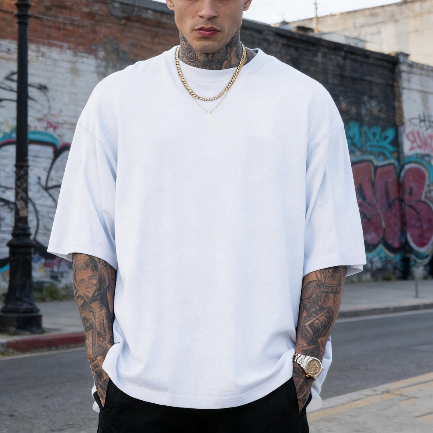 This heavyweight t-shirt is made from a premium 7.5 oz (230 gsm) 100% cotton jersey fabric. The substantial weight gives it a structured, non-see-through feel that's perfect for year-round wear and holds up wash after wash.