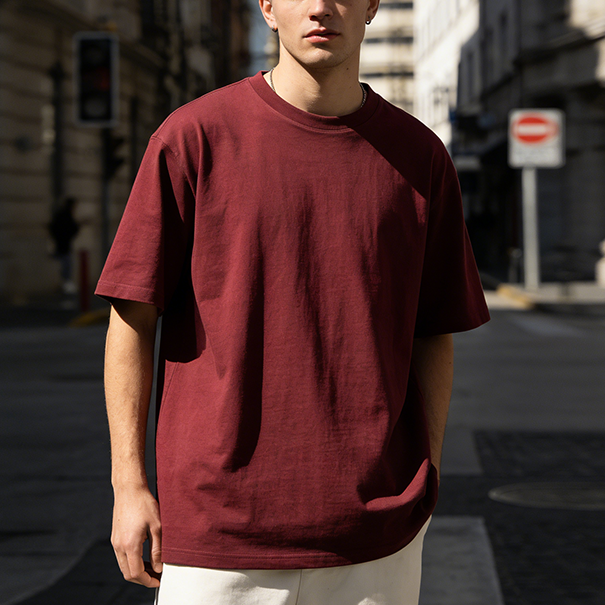 Men's Burgundy Oversized T-Shirt, Structured Dropped Shoulder Fit, Timeless Streetwear