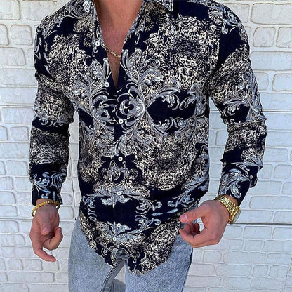 Men Paisley Prrint Lapel Button Long Sleeves Shirt