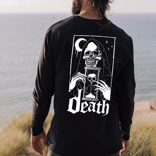 Skull Print Long Sleeve Cotton Tee-B