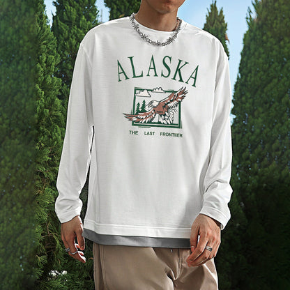 Alaska Eagle Print Men's Loose Long Sleeve T-Shirts-B