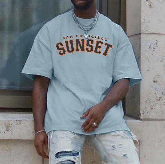 SUNSET Letter Print Short Sleeve Loose Men's T-Shirt