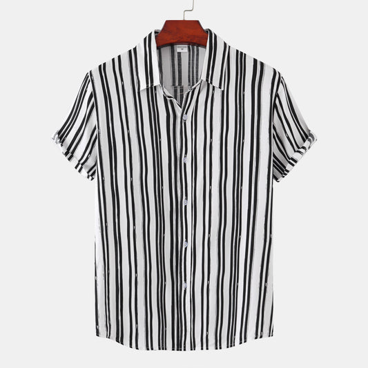 Clearance-Stripe Print Short Sleeve Shirt-L
