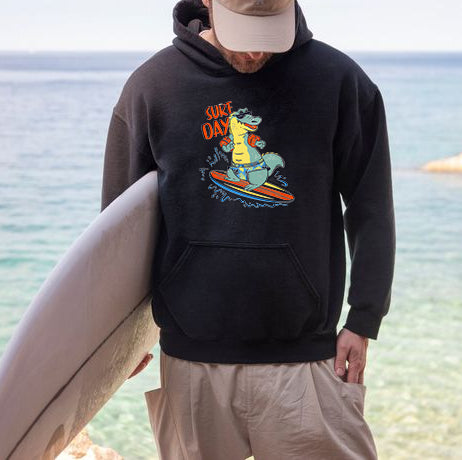 Crocodile Surfing Graphic Print Men's Fleeced Hoodie