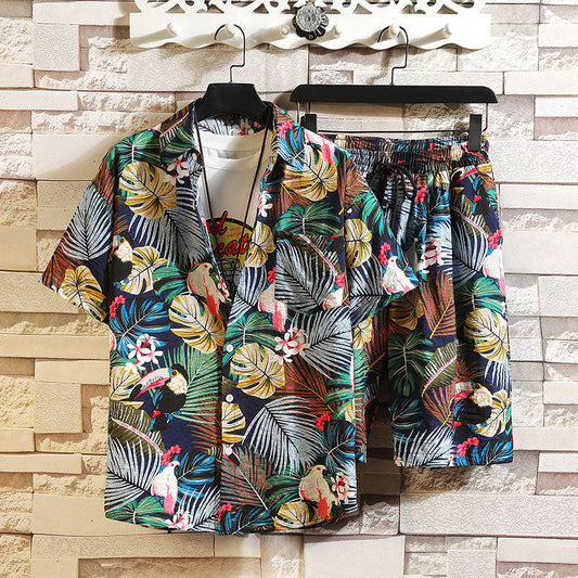 Clearance-Hawaiian Plant Print Resort Style Beach Suit-5XL