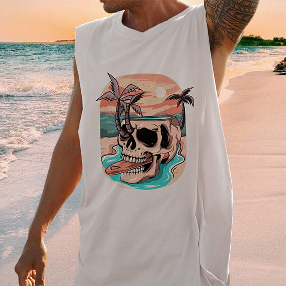 Skull and Beach Print Singlet Men's Tank Top