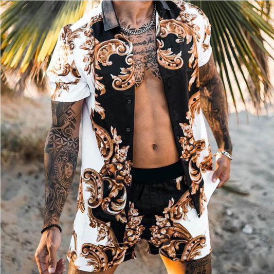 Clearance-Casual Solid Color Printing Two-piece Suit-M,3XL