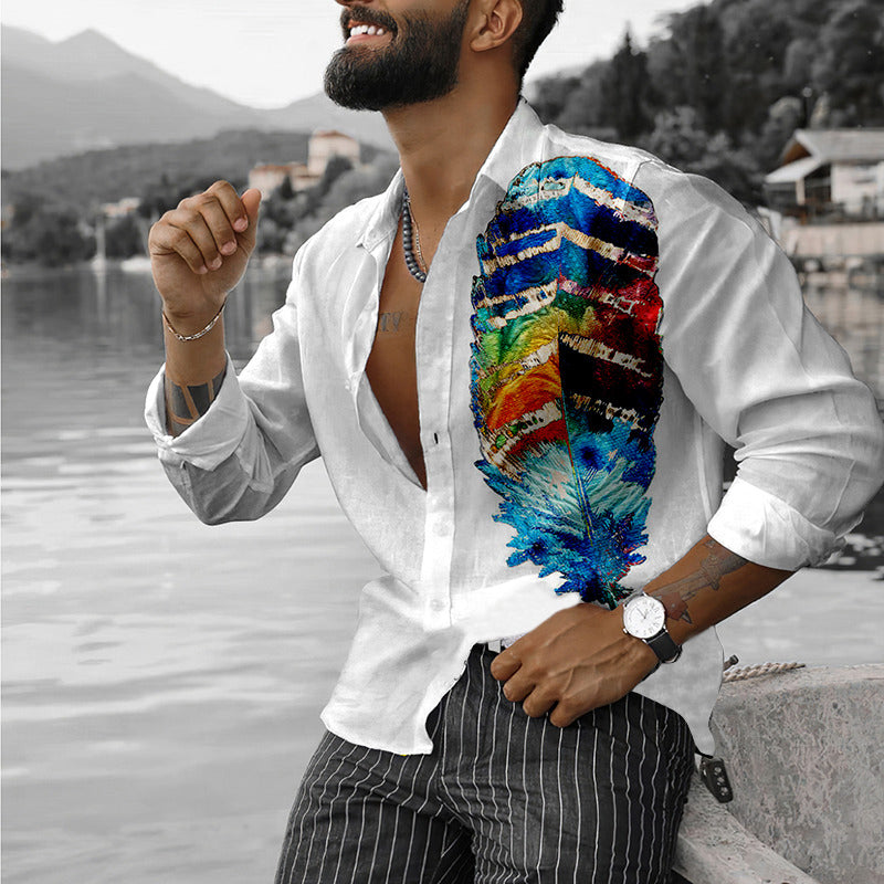 Colorful Feather Pattern Personality Simple Long Sleeve Shirt
