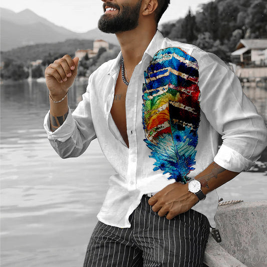 Colorful Feather Pattern Personality Simple Long Sleeve Shirt