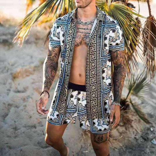 Men Tribal Print Collared Short SleevesTwo Piece Set