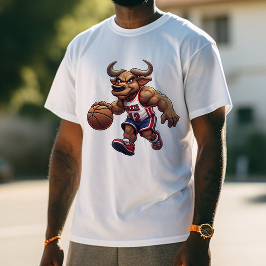 Dunking Bull Basketball T-Shirt Hoops Enthusiast Cartoon Bull Tee