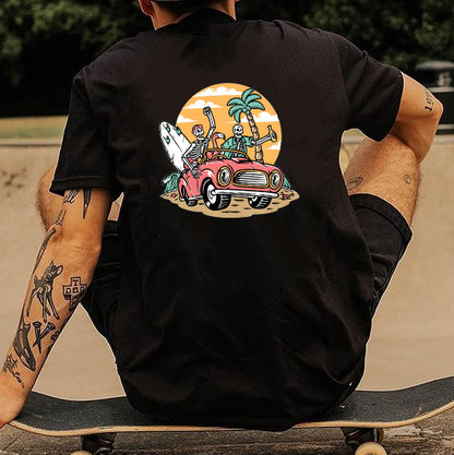 Skull Surfing Graphic Print Men's Cotton T-shirt