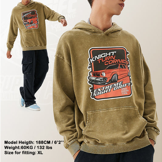 Heavyweight Stonewashed Distressed Hoodie with Car Print