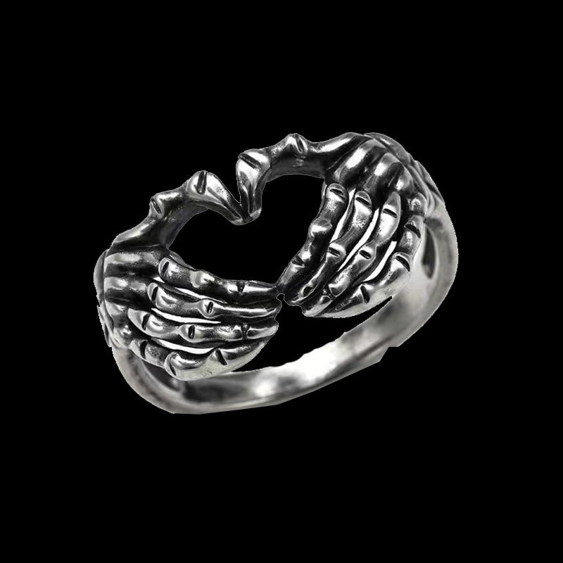Edgy Skull Hand Heart Design Motorcycle Style Stainless Steel Ring