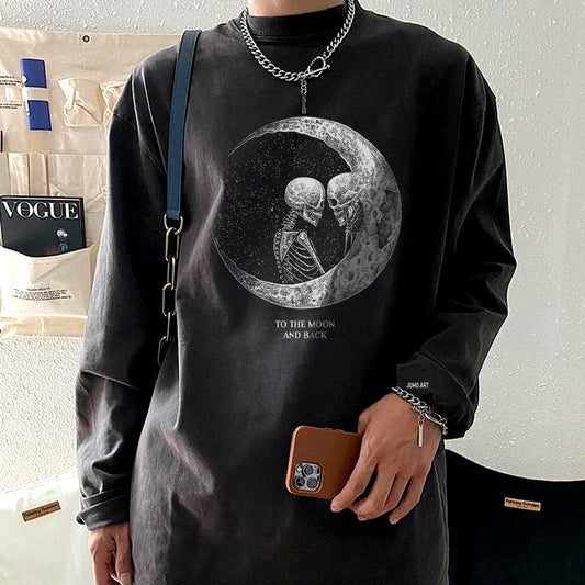 Skull Moon Print Casual Long Sleeve Men's T-Shirt-B