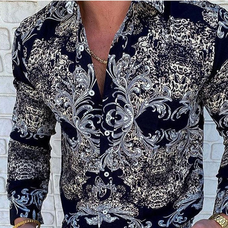 Men Paisley Prrint Lapel Button Long Sleeves Shirt