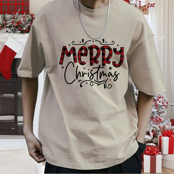 Merry Christmas Letter Print Cotton T-shirt