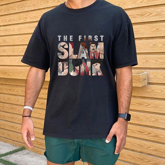 Slam Dunk Animated Basketball Player Print Black Tee