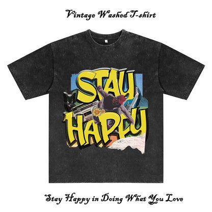 Men's "Stay Happy" Vintage Washed Graphic Tee