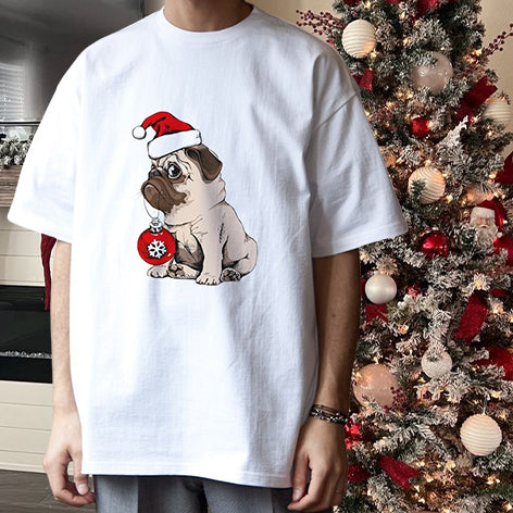 Christmas Pug Dog Cotton T-shirt