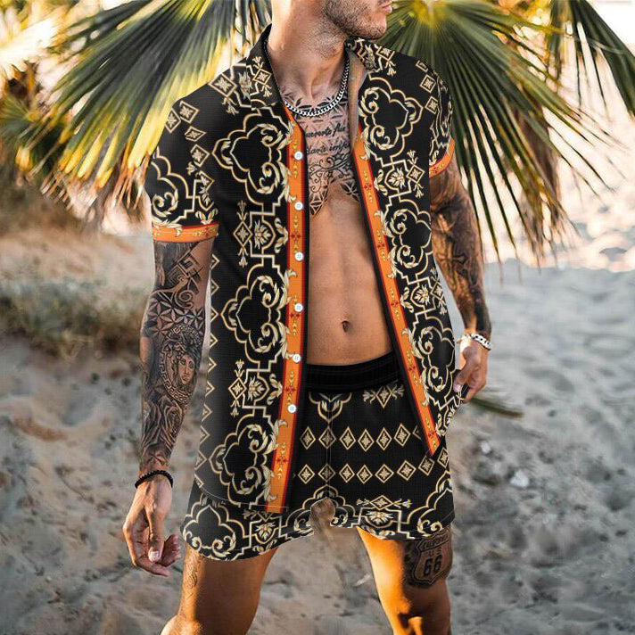 Trendy Street Retro Printed Shirt Shorts Casual Vacation Hawaii Two-piece Set