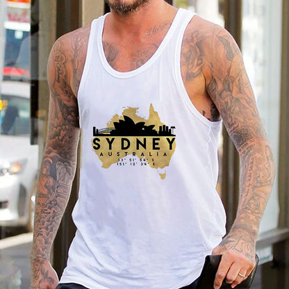 Men's Sydney Print Casual Tank Aussie Singlet-A