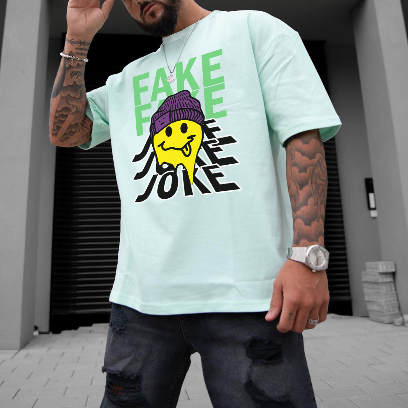FAKE JOKE Graphic Print Casual Loose Men's T-Shirt
