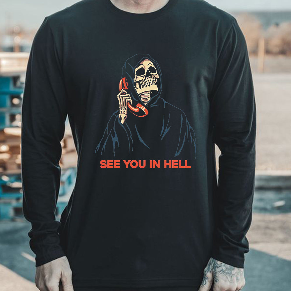 SEE YOU IN HELL Graphic Print Long Sleeve Men's T-Shirt-B