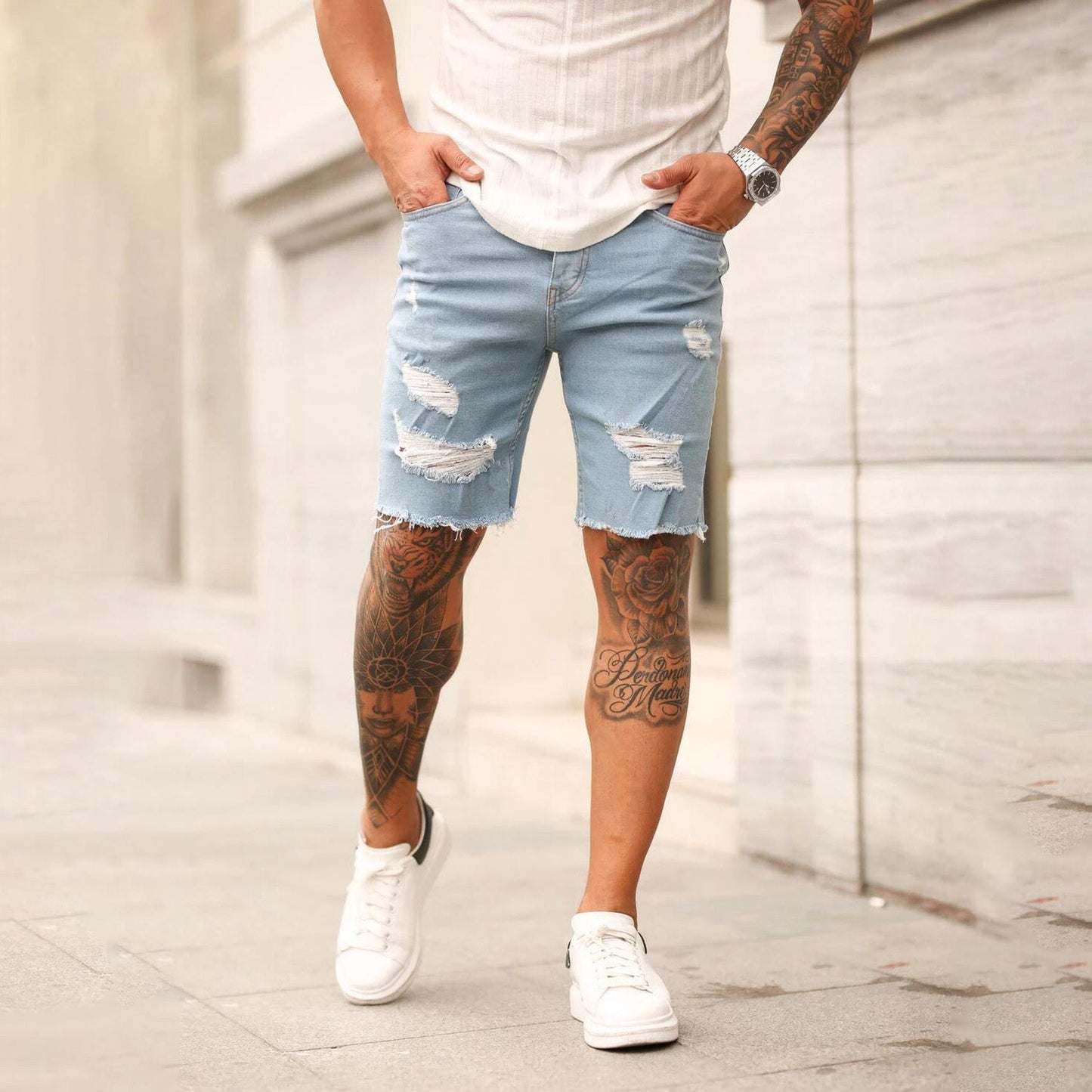 Clearance-Men's Ripped Denim Shorts-2XL