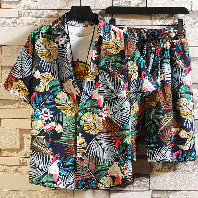 Clearance-Hawaiian Plant Print Resort Style Beach Suit-5XL