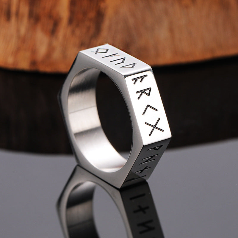 Viking Runes Hexagon Stainless Steel Geometric Ring