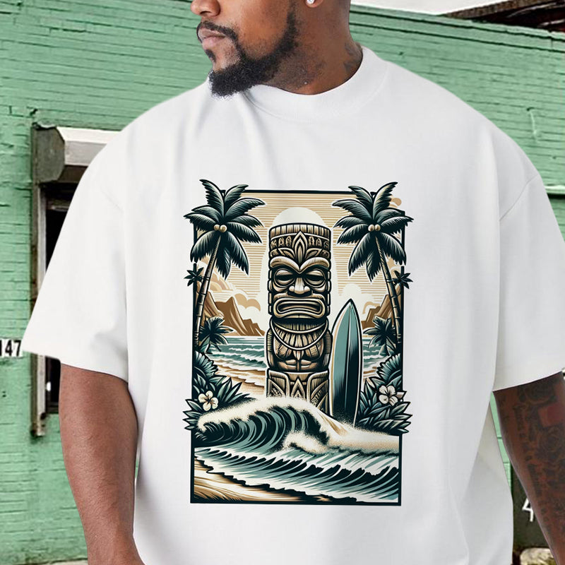 Tropical Beach Tiki Statue with Surfboard Men's Tee