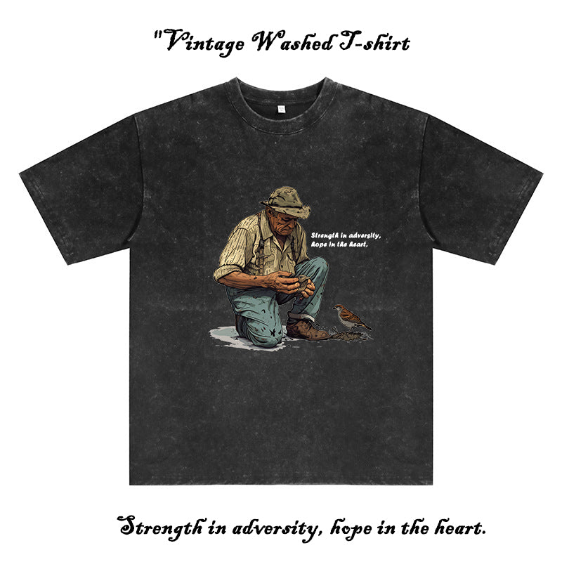 Farmer With a Bird Men's Washed Black Cotton Tee
