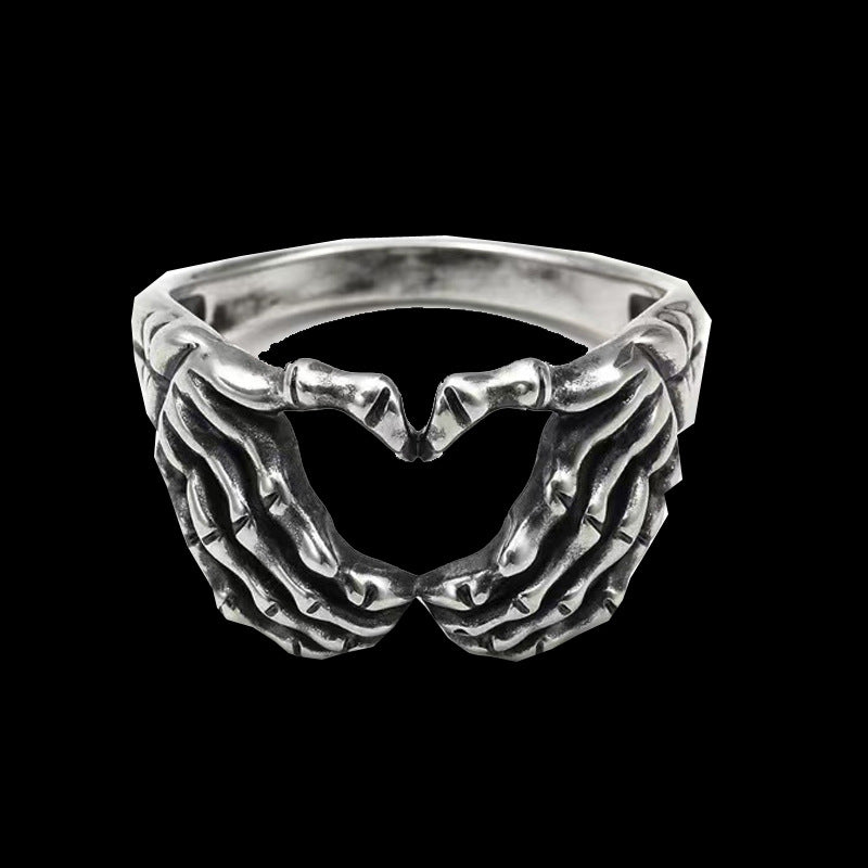 Edgy Skull Hand Heart Design Motorcycle Style Stainless Steel Ring