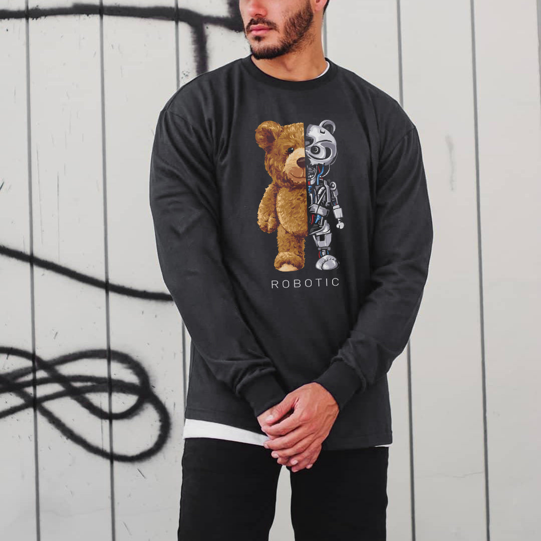 Teddy Bear Robot Graphic Print Men's Long Sleeve T-Shirt-A